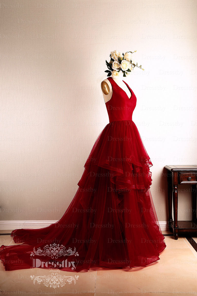 Burgundy v neck tulle long prom dress, burgundy evening dress