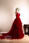 Burgundy v neck tulle long prom dress, burgundy evening dress