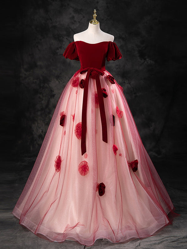 Burgundy A-Line Tulle Long Prom Dress, Burgundy Long Formal Dress