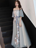 Gray blue tulle lace long prom dress, gray tulle formal dress