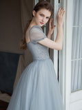 Gray tulle beads long prom dress, tulle long sweet 16 dress