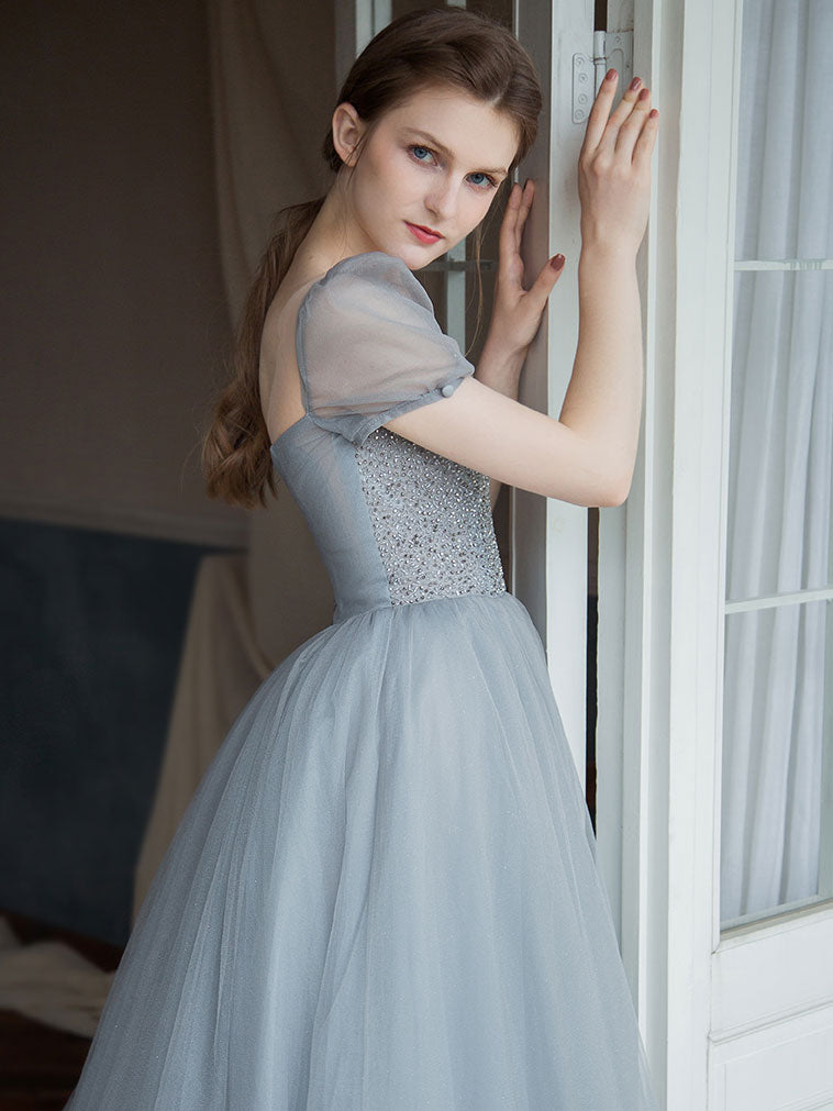 Gray tulle beads long prom dress, tulle long sweet 16 dress