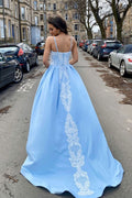 Blue satin lace long prom dress blue lace evening dress