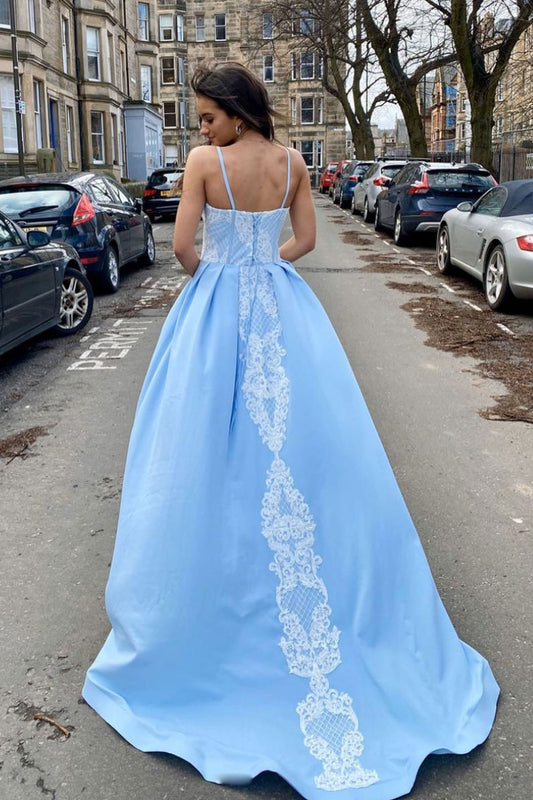 Blue satin lace long prom dress blue lace evening dress