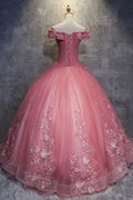 Pink sweetheart off shoulder lace tulle long prom gown sweet 16 dress