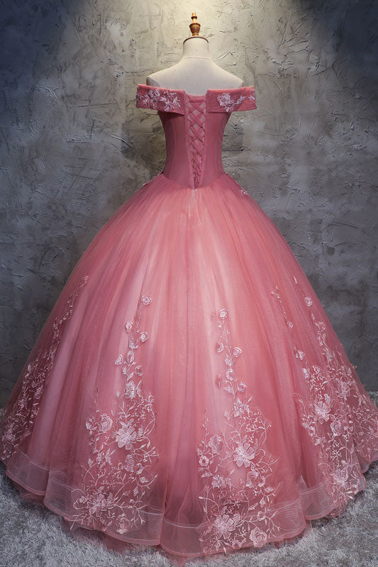 Pink sweetheart off shoulder lace tulle long prom gown sweet 16 dress