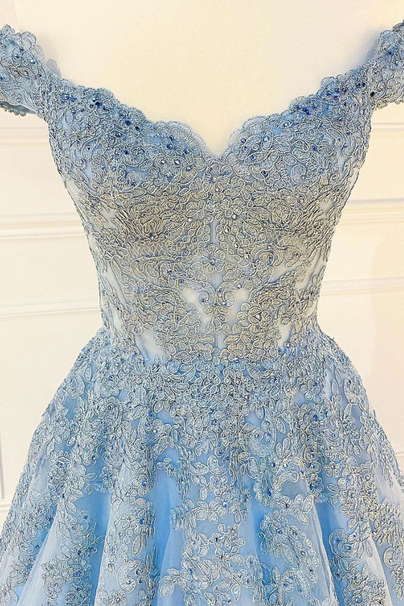 Blue sweetheart off shoulder lace tulle long prom dress lace formal dress