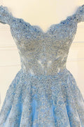 Blue sweetheart off shoulder lace tulle long prom dress lace formal dress