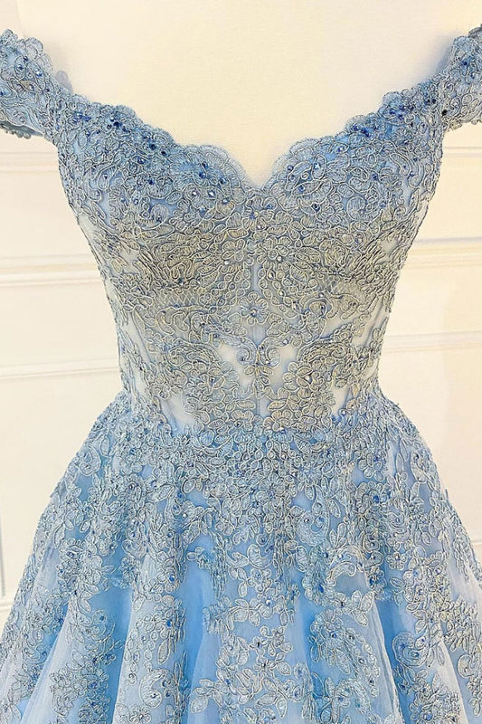 Blue sweetheart off shoulder lace tulle long prom dress lace formal dress