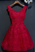 Burgundy v neck lace short prom dress, burgundy homecoming dress