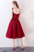 Unique burgundy round neck tulle prom dress, burgundy evening dress