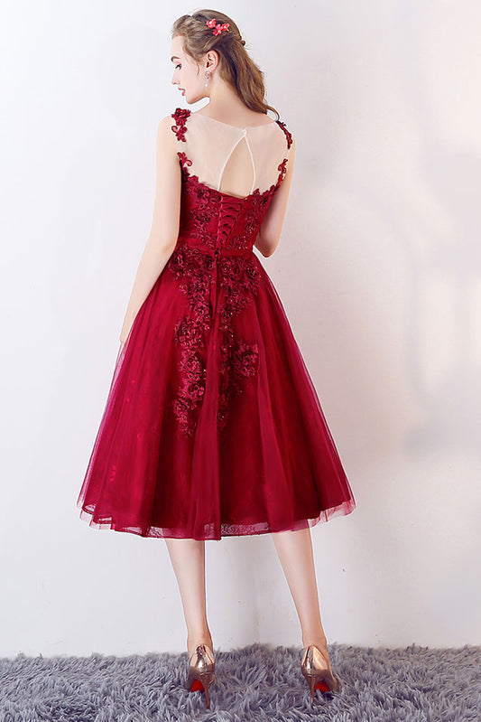 Unique burgundy round neck tulle prom dress, burgundy evening dress