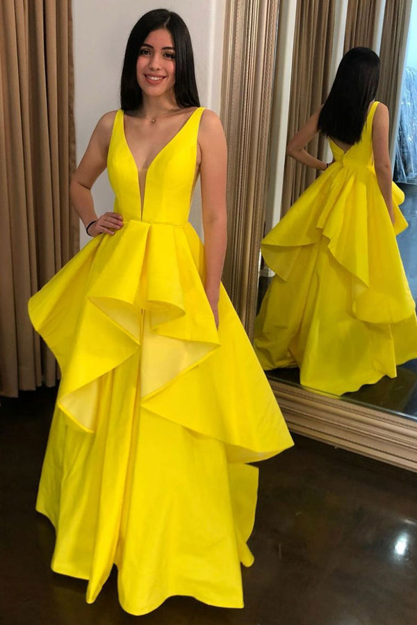 Simple yellow satin long prom dress yellow evening dress