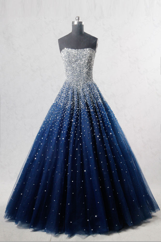 Blue sweetheart sequin tulle long prom dress, blue evening dress