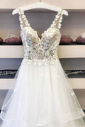 White v neck tulle lace long prom dress white lace evening dress
