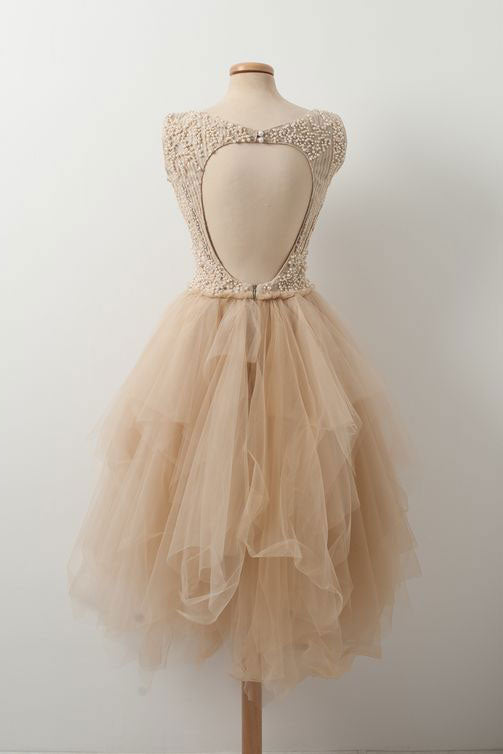 Champagne tulle beads short prom dress, champagne tulle homecoming dress