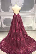 Burgundy tulle lace long prom dress, burgundy evening dress