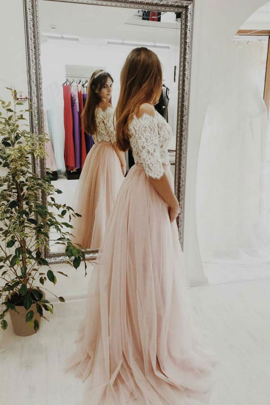 Pink two pieces lace tulle long prom dress, pink tulle evening dress