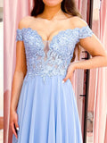 Blue lace A line long prom dress, blue lace bridesmaid dress