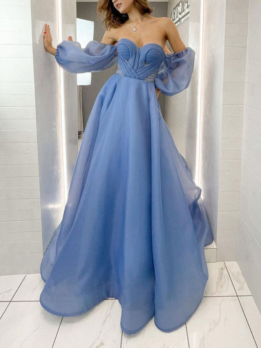 Blue sweetheart neck Organza long prom dress, blue evening dress
