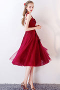 Unique burgundy round neck tulle prom dress, burgundy evening dress