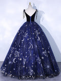 Dark Blue A-Line Tulle Lace Long Prom Dress, Blue Lace Formal Dress