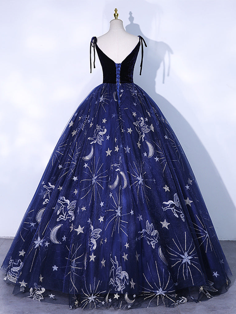 Dark Blue A-Line Tulle Lace Long Prom Dress, Blue Lace Formal Dress