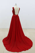 Burgundy v neck lace chiffon long prom dress, burgundy bridesmaid dress