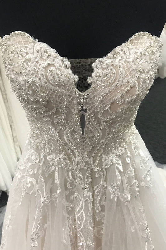 White sweetheart neck tulle lace long prom dress, lace wedding dress