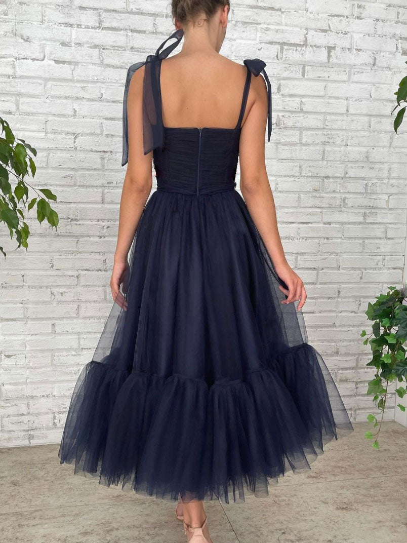 Dark blue tulle short prom dress, blue tulle bridesmaid dress