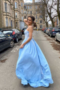 Blue satin lace long prom dress blue lace evening dress