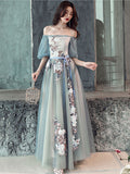 Gray blue tulle lace long prom dress, gray tulle formal dress