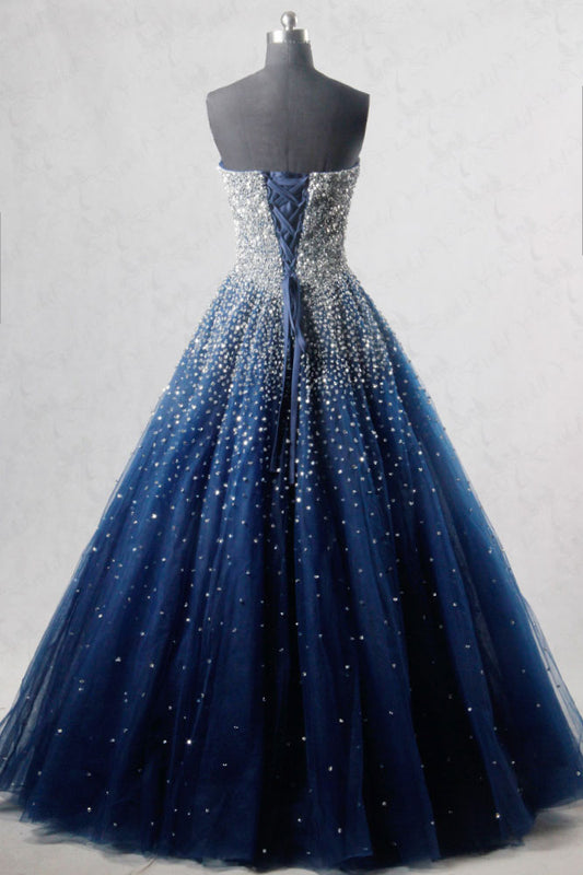 Blue sweetheart sequin tulle long prom dress, blue evening dress