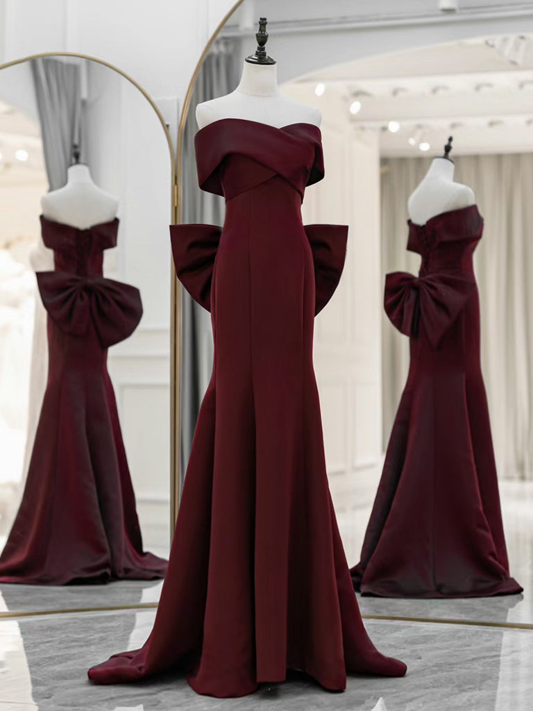 Simple Off Shoulder Satin Burgundy Long Prom Dresses, Mermaid Long Evening Dress