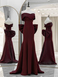 Simple Off Shoulder Satin Burgundy Long Prom Dresses, Mermaid Long Evening Dress