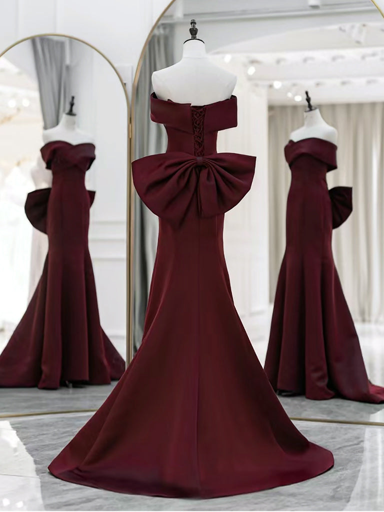 Simple Off Shoulder Satin Burgundy Long Prom Dresses, Mermaid Long Evening Dress