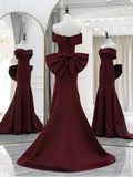 Simple Off Shoulder Satin Burgundy Long Prom Dresses, Mermaid Long Evening Dress