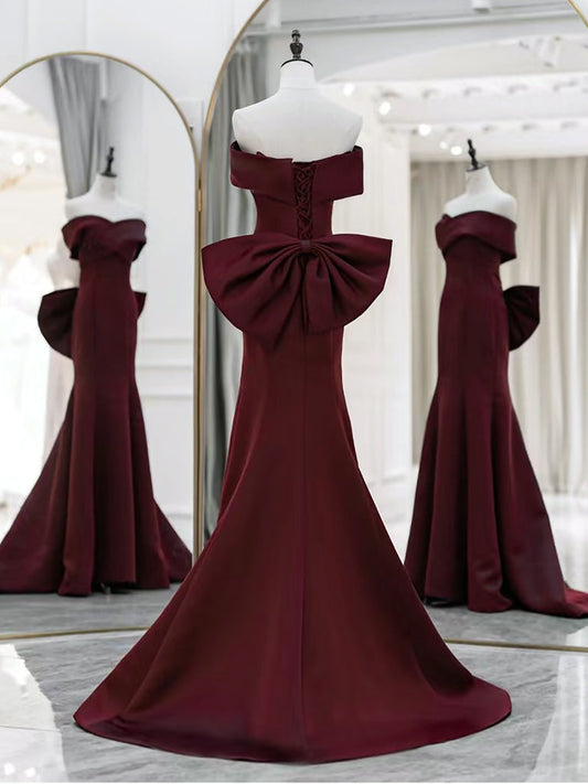 Simple Off Shoulder Satin Burgundy Long Prom Dresses, Mermaid Long Evening Dress