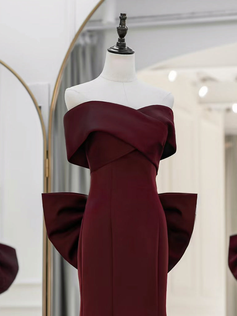 Simple Off Shoulder Satin Burgundy Long Prom Dresses, Mermaid Long Evening Dress