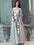Gray blue tulle lace long prom dress, gray tulle formal dress