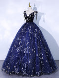 Dark Blue A-Line Tulle Lace Long Prom Dress, Blue Lace Formal Dress