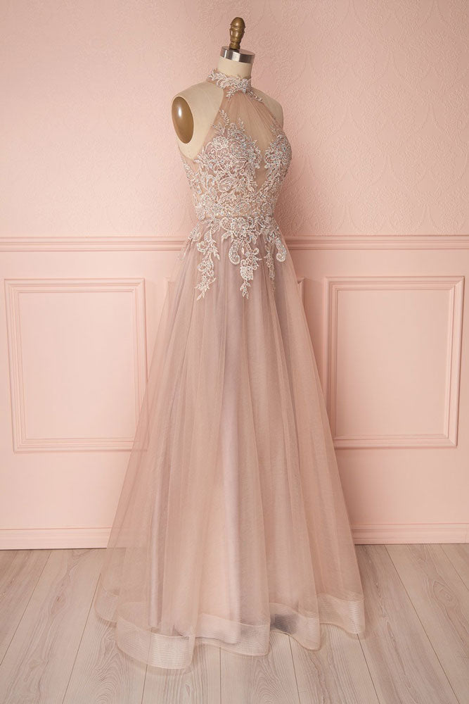Unique lace applique tulle long prom dress, tulle evening dress