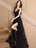 A-Line V Neck Sequin Tulle Black Long Prom Dress, Black Long Evening Dress