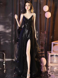 A-Line V Neck Sequin Tulle Black Long Prom Dress, Black Long Evening Dress