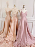 Simple A line satin long prom dress, pink bridesmaid dress
