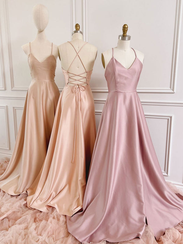 Simple A line satin long prom dress, pink bridesmaid dress