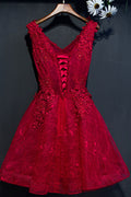 Burgundy v neck lace short prom dress, burgundy homecoming dress