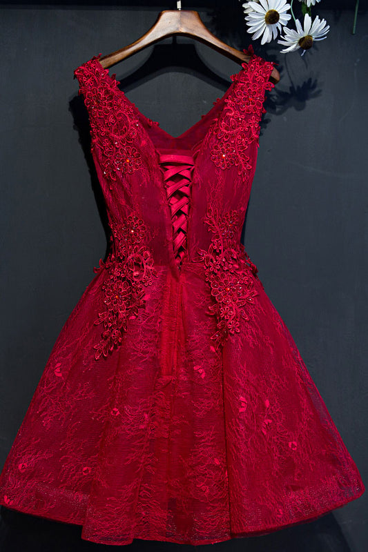 Burgundy v neck lace short prom dress, burgundy homecoming dress