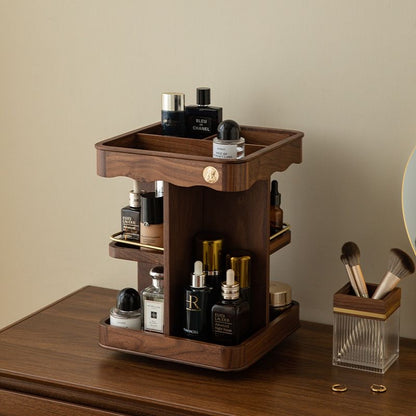 Vintage 360° Rotating Wooden Makeup Organizer – Elegant Vanity Storage with Carved Accents
