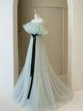 Green A line tulle long prom dress green formal dress